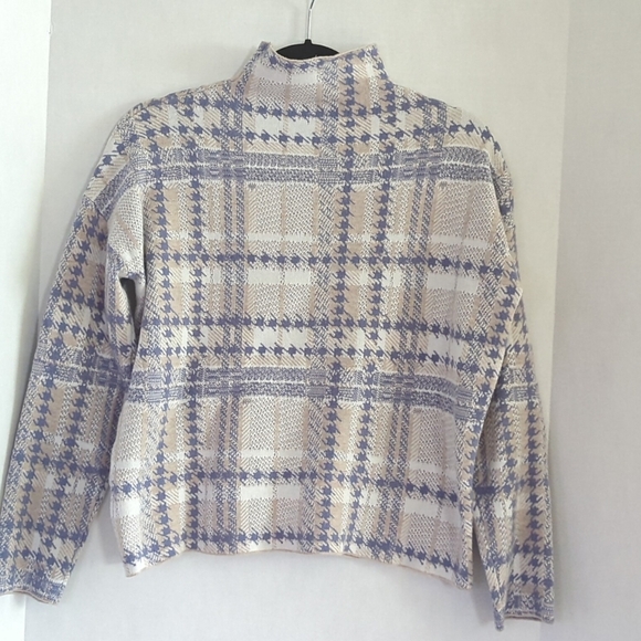 Rachel Zoe White Tan Blue Plaid Pullover Turtleneck Long Sleeve Sweater Size L - Picture 2 of 8